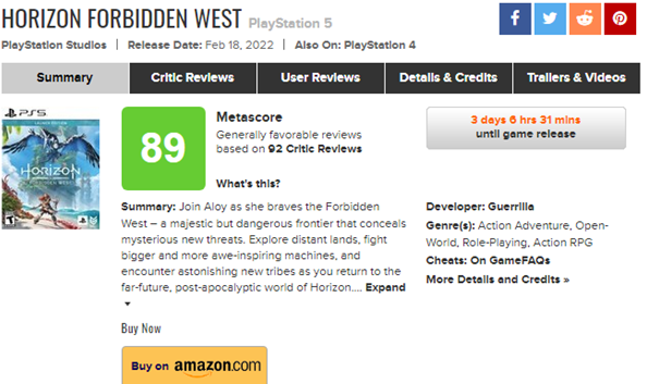 《地平线：西之绝境》媒体评分公布 92家媒体无一差评 